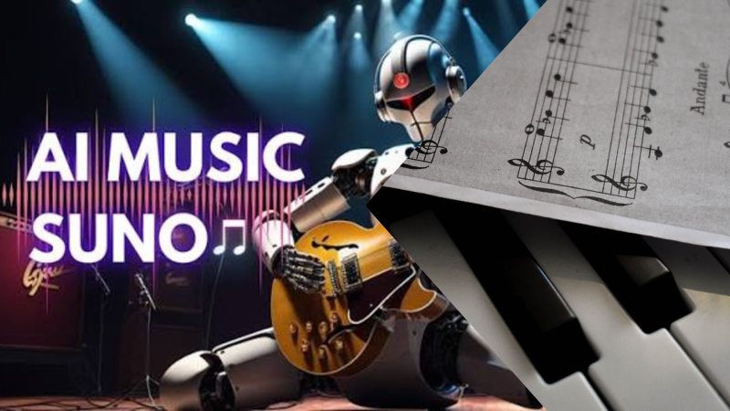 Ilustrasi pengusaha UMKM sedang membuat logo dan jingle musik promosi menggunakan teknologi Artificial Intelligence di laptop.